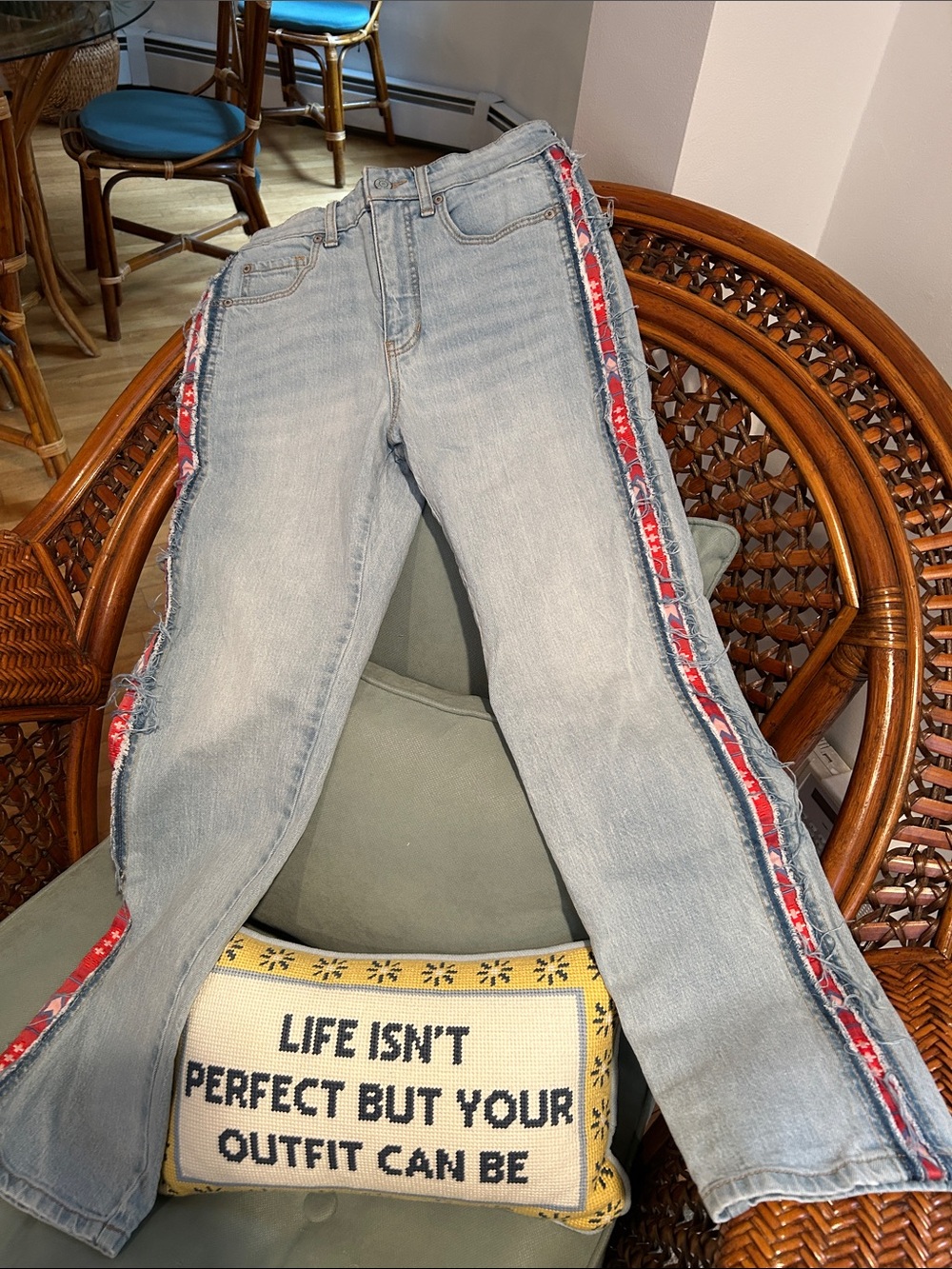 Pilcro Light Wash Jeans with Red Side Stripe and Frayed Trim